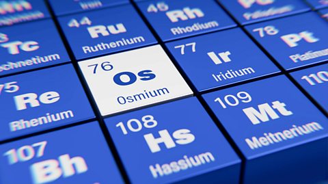 Letters Os representing Osmium on the periodic table. It stands out as white while all the other elements in the table are blue