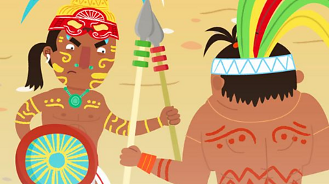 Two Maya warriors stand opposite each other wearing decorative headdresses and holding spears. One holds a shield. Their bodies are decorated with painted patterns.