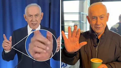 Israeli Government Press Office So many believed Netanyahu's hand had an AI-generated sixth finger (left) that he posted a second clip to prove he's alive (Credit: Israeli Government Press Office)