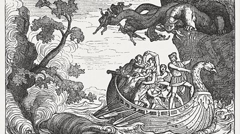 A black and white illustration depicting Scylla attacking Odysseus and his men at sea. Scylla is a vicious sea creature with multiple heads and a serpent like body. She eats a number of men as the other sail away