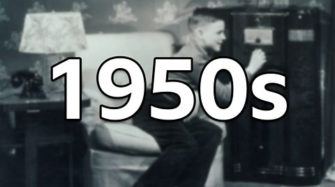 A black and white photo of a young boy in the 1950s wearing a shirt and trousers sitting on a couch smiling as he turns the volume up on a dial on a radio. The photo is slightly blurred as the focus of the image is text reading '1950s'