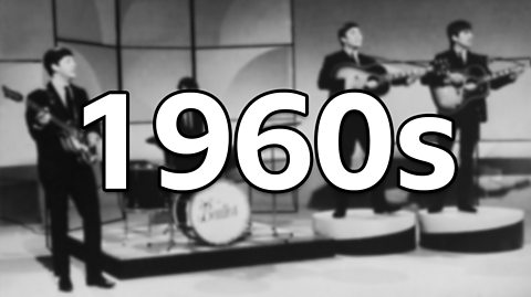 A black and white of The Beatles performing on stage with instruments, all wearing black suits and ties The photo is slightly blurred as the focus of the image is text reading '1960s'