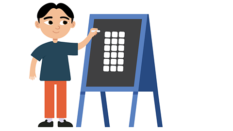 A boy drawing an array on a chalk board. 