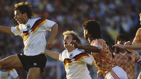 Germany footballer Rudi Voller under pressure from Dutch footballer Frank Rijkaard during the UEFA Euro 1988 semifinal match between West Germany and the Netherlands, held at the Volksparkstadion in Hamburg