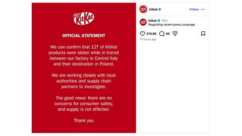 KitKat's official statement posted on Instagram