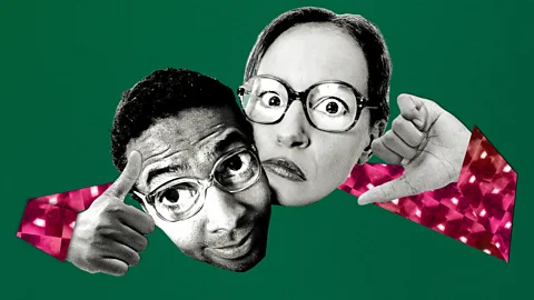 Serenity Strull/ BBC/ Getty Images The faces of a man and a woman side-by-side, with the man smiling and making a thumbs up and the woman frowning abd making a thumbs down, against a green background (Credit: Serenity Strull/ BBC/ Getty Images)