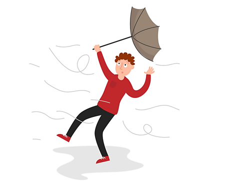A man is blown away by the wind and his umbrella is turned inside out