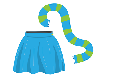 A blue skirt and a blue and green striped scarf