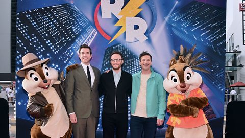 Mascot versions of Chip and Dale flank stars John Mulaney, Andy Samberg and Chip 'n Dale: Rescue Rangers director Akiva Schaffer