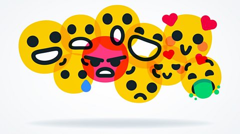 Image of a yellow emojis with positive expressions - except for one that is red and looks angry