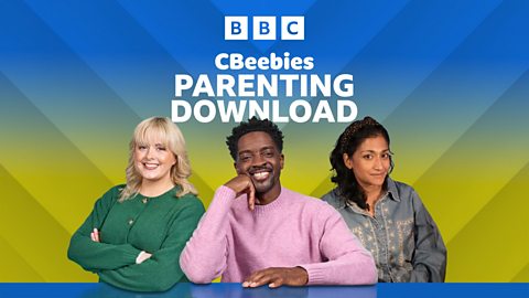 Three presenters in the foreground with the CBeebies Parenting Download logo above them