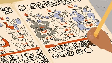 Animated image of someone writing in an ancient Maya script. 
