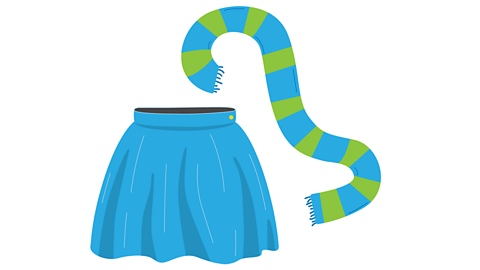 A blue skirt and a blue and green striped scarf.