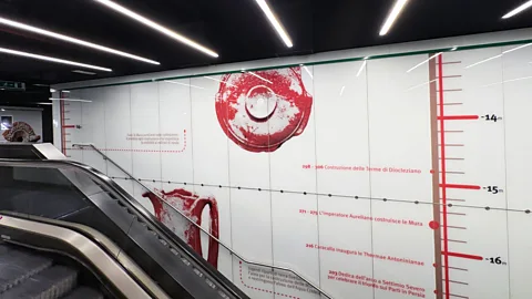 Eva Sandoval At the San Giovanni Metro C archaeo-station, visitors can see Rome's historical strata illustrated on the walls (Credit: Eva Sandoval)