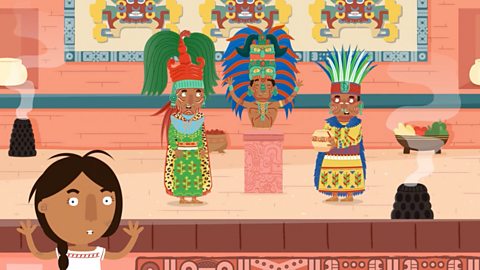 Animated image of Maya priests dressed in brightly coloured clothes and feathers taking part in a religious ceremony. Our character Jade is looking at the front. 