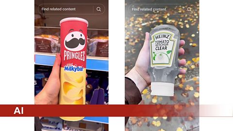 Images of fake foods which have been created through AI, on the left is Milkybar flavour Pringles, on the right is transparent tomato ketchup