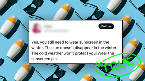 A Tweet about wearing sunscreen in the winter on a blue background that has lots of bottles of sunscreen on it.