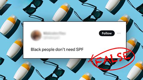 A Tweet about SPF on a blue background that has lots of bottles of sunscreen on it.