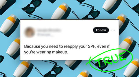 A Tweet about reapplying SPF on a blue background that has lots of bottles of sunscreen on it.