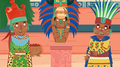 An illustration of a Maya king holding up a pot. Two priests look on.