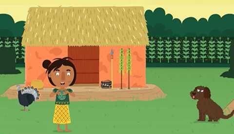 An illustration of a Maya home with a thatched roof and walls made from mud covering wood. A girl stands outside it with a dog and a turkey.