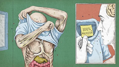 Emmanuel Lafont/ BBC An anatomical-inspired illustration of a man pulling a polyester top over his head (Credit: Emmanuel Lafont/ BBC)