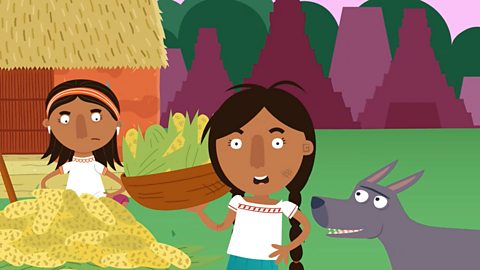 An illustration of a girl holding maize, the ears of the corn are surrounded by leaves. Another girl has removed the leaves from the crops. A dog looks on.
