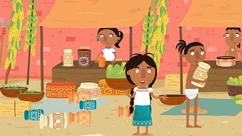 A Maya market. Market traders and customers sell vegetables and carry pots.