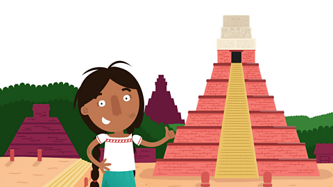 An illustration of a Maya girl standing in front of a temple.
