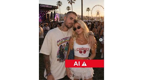 An AI image of an influencer with Justin Bieber at Coachella.