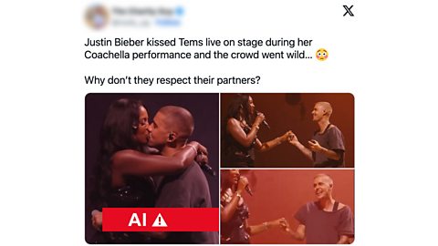 An X post showing Justin Bieber and Tems supposedly sharing a kiss on the Coachella stage.