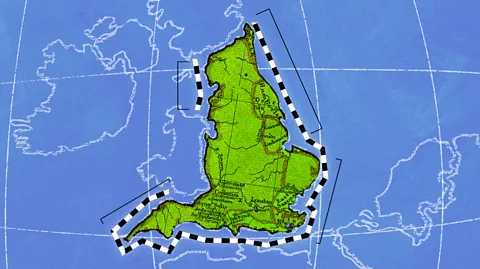 Serenity Strull/ BBC A map of England in green, with a chequered line surrounding its coastline against a blue map-grid background (Credit: Serenity Strull/ BBC)