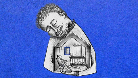 Serenity Strull/ BBC An illustration of a man cradling a home in his arms (Credit: Serenity Strull/ BBC)