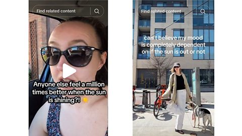 An image showing two TikTok posts with different opinions on the affect daylight can have on our mood