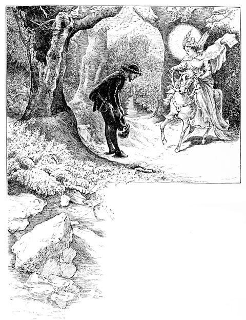 Thomas the Rhymer having a conversation with a fairy - taken from an 1886 antique book "British Ballads Old and New" by George Barnett Smith.