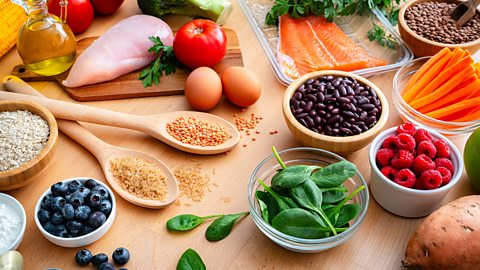 A table with bowls of food ingredients on it including raspberries, carrots, grains, salmon and chicken breast.