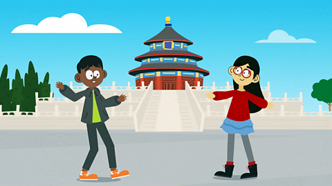 Two children exploring a Chinese town