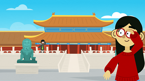 Two children looking for each other in a Chinese temple