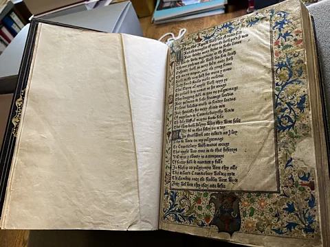 Courtesy of the Warden and Fellows of Merton College Oxford The library contains rare, medieval manuscripts – including a 15th-Century edition of The Canterbury Tales (Credit: Courtesy of the Warden and Fellows of Merton College Oxford)