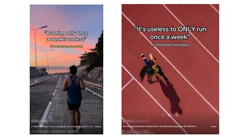 Two TikTok videos claiming running every day is the key to becoming a better runner.