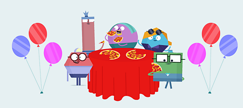 Xiao Ming and his friends eat pizza at a restaurant, surrounded by balloons.