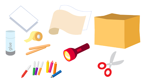 Card, safety scissors, pens, pencils, box, glue, tape, greaseproof paper, sticks, torch.