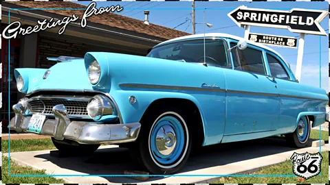 Serenity Strull/ Getty Images Classic Ford Customline automobile displayed outside a motel in Springfield, Missouri (Credit: Serenity Strull/ Getty Images)