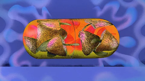 Serenity Strull/ BBC An illustration of a capsule filled with colourful magic mushrooms on an indigo backdrop surrounded by smoke (Credit: Serenity Strull/ BBC)