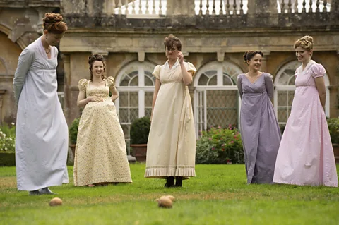 Mary Bennet (Ella Bruccoleri), centre, with her four sisters in TV series The Other Bennet Sister (Credit: BBC)