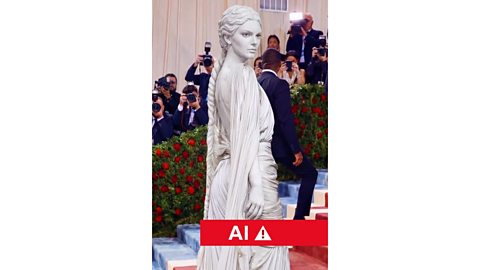 An AI image of Kendall Jenner in full statue make-up at the 2026 Met Gala