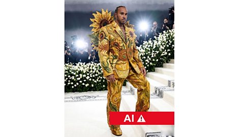 An AI image of Lewis Hamilton at the Met Gala in a suit inspired by Van Gogh's Sunflowers painting
