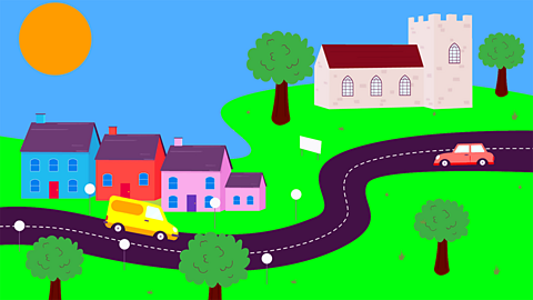 A van and a car drive through a small town with a row of houses and a church.