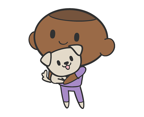 A cartoon vet in a purple uniform holding a small white dog