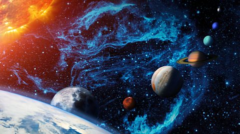 An illustration of the Solar System - showing part of the Earth, which is spherical and covered in blue water and green and white land, as well as other planets in different colours in orbit. The fiery orange Sun is also in the image